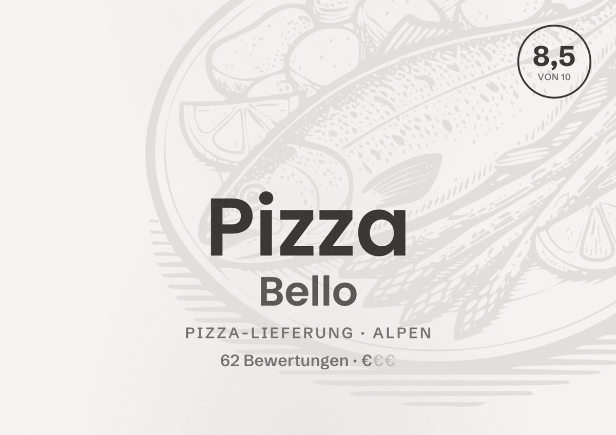 Illustriertes Poster von Pizza Bello, Pizza-Lieferung in Alpen: Bewertung 8,5 von 10 aus 62 Bewertungen, Preisniveau €
