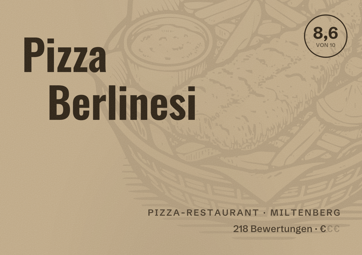 Illustriertes Poster von Pizza Berlinesi, Pizza-Restaurant in Miltenberg: Bewertung 8,6 von 10 aus 218 Bewertungen, Preisniveau €