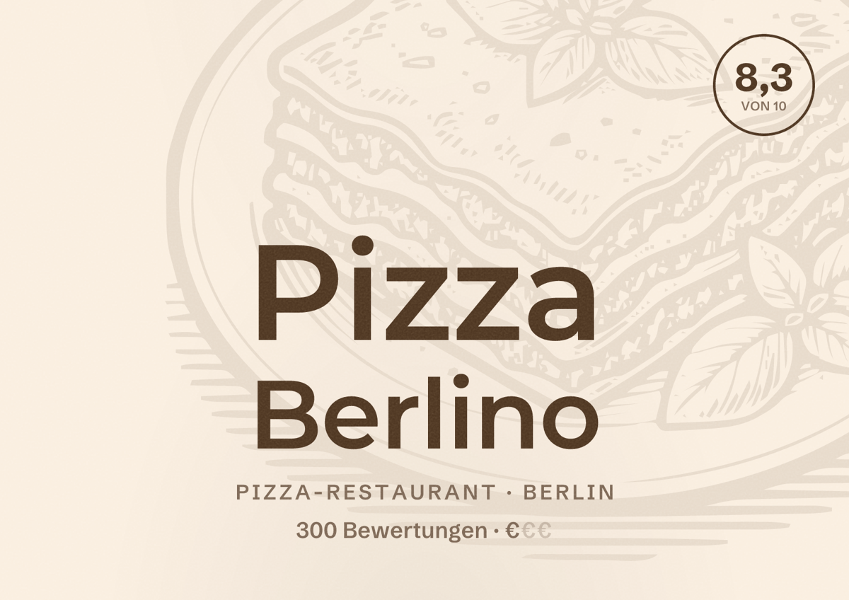 Illustriertes Poster von Pizza Berlino, Pizza-Restaurant in Berlin: Bewertung 8,3 von 10 aus 300 Bewertungen, Preisniveau €