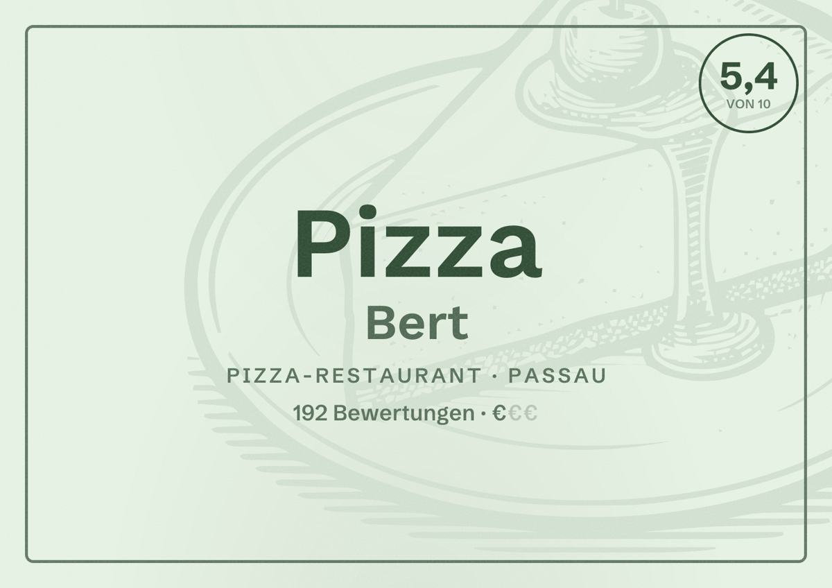 Illustriertes Poster von Pizza Bert, Pizza-Restaurant in Passau: Bewertung 5,4 von 10 aus 192 Bewertungen, Preisniveau €