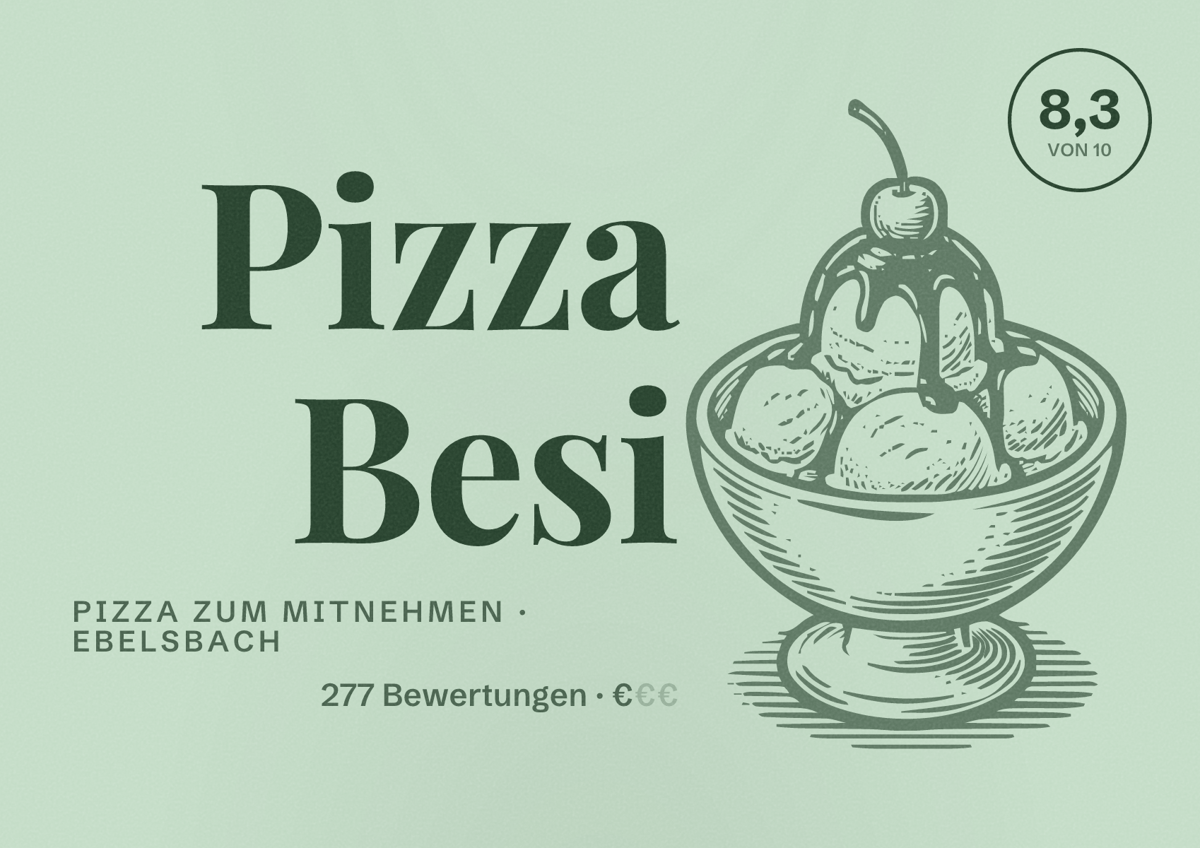 Illustriertes Poster von Pizza Besi, Pizza zum Mitnehmen in Ebelsbach: Bewertung 8,3 von 10 aus 277 Bewertungen, Preisniveau €