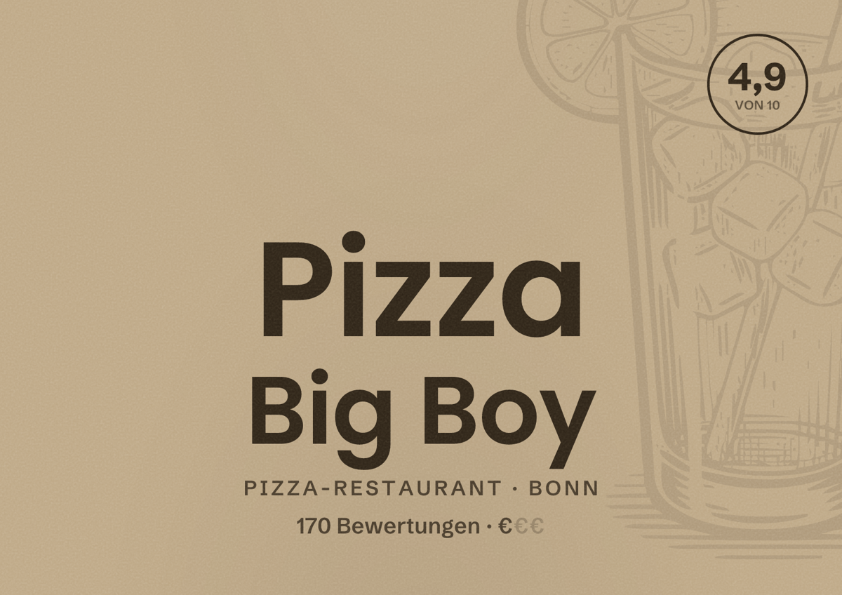 Illustriertes Poster von Pizza Big Boy, Pizza-Restaurant in Bonn: Bewertung 4,9 von 10 aus 170 Bewertungen, Preisniveau €