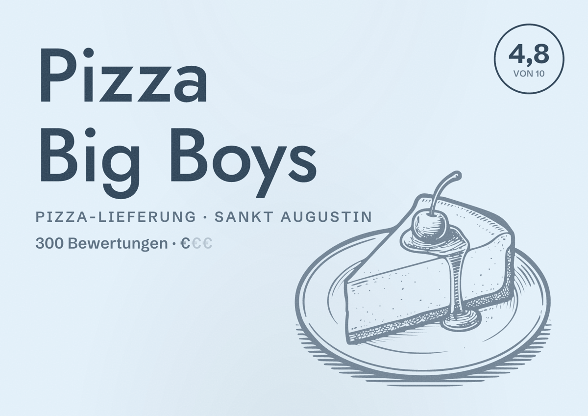 Illustriertes Poster von Pizza Big Boys, Pizza-Lieferung in Sankt Augustin: Bewertung 4,8 von 10 aus 300 Bewertungen, Preisniveau €