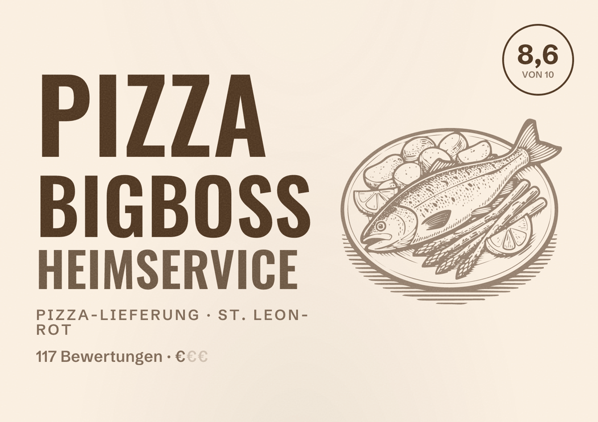 Illustriertes Poster von Pizza Bigboss Heimservice, Pizza-Lieferung in St. Leon-Rot: Bewertung 8,6 von 10 aus 117 Bewertungen, Preisniveau €