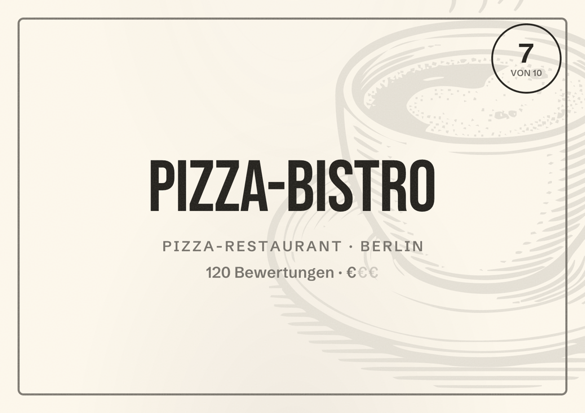 Illustriertes Poster von Pizza-Bistro, Pizza-Restaurant in Berlin: Bewertung 7,0 von 10 aus 120 Bewertungen, Preisniveau €