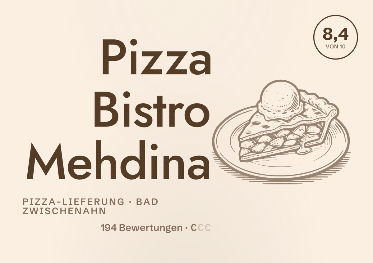Illustriertes Poster von Pizza Bistro Mehdina, Pizza-Lieferung in Bad Zwischenahn: Bewertung 8,4 von 10 aus 194 Bewertungen, Preisniveau €