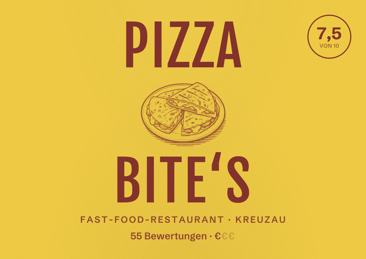 Illustriertes Poster von Pizza Bite‘s, Fast-Food-Restaurant in Kreuzau: Bewertung 7,5 von 10 aus 55 Bewertungen, Preisniveau €
