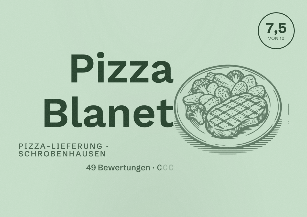 Illustriertes Poster von Pizza Blanet, Pizza-Lieferung in Schrobenhausen: Bewertung 7,5 von 10 aus 49 Bewertungen, Preisniveau €