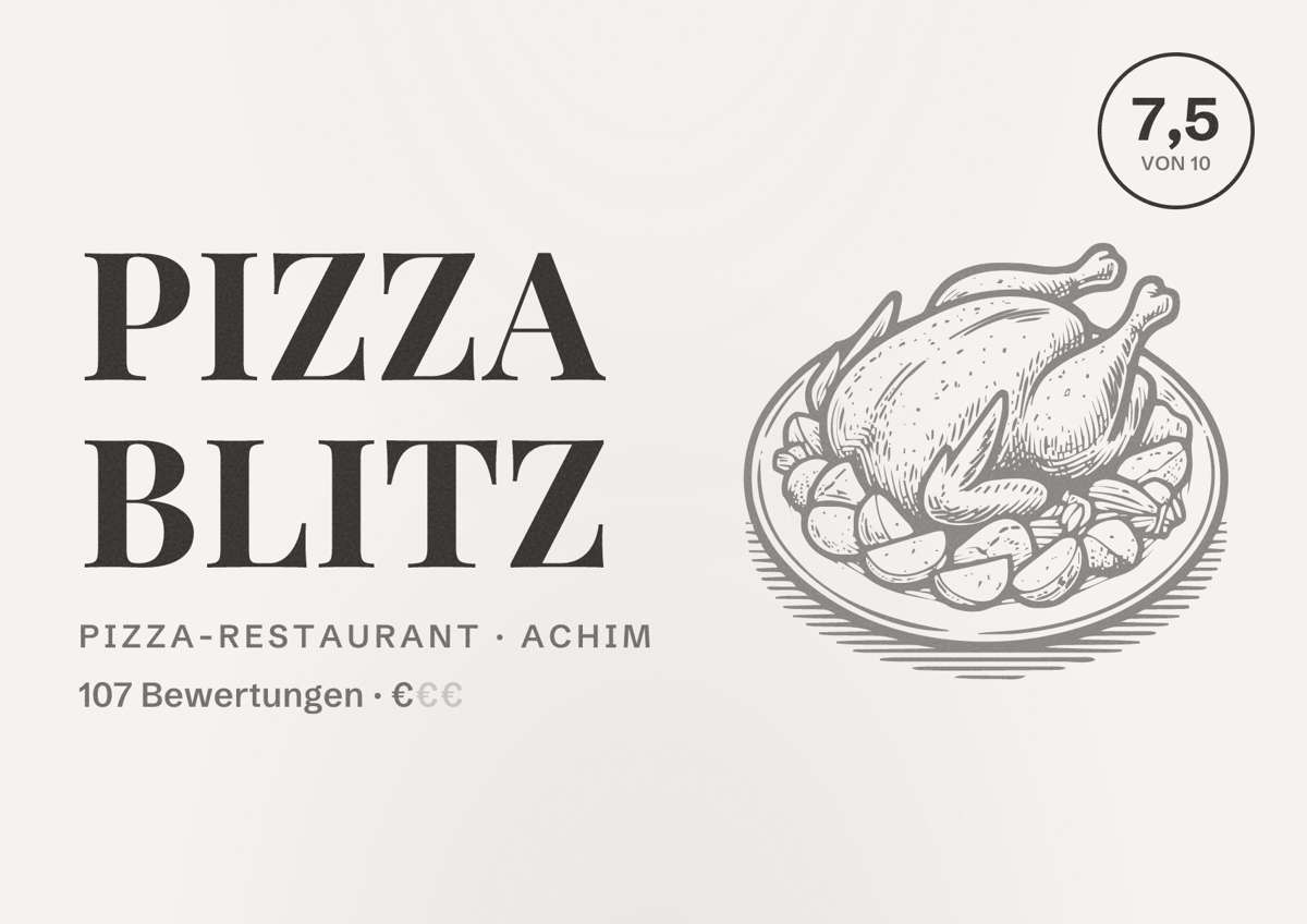 Illustriertes Poster von Pizza Blitz, Pizza-Restaurant in Achim: Bewertung 7,5 von 10 aus 107 Bewertungen, Preisniveau €