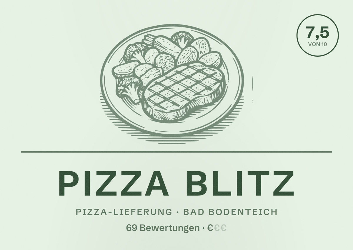 Illustriertes Poster von Pizza Blitz, Pizza-Lieferung in Bad Bodenteich: Bewertung 7,5 von 10 aus 69 Bewertungen, Preisniveau €