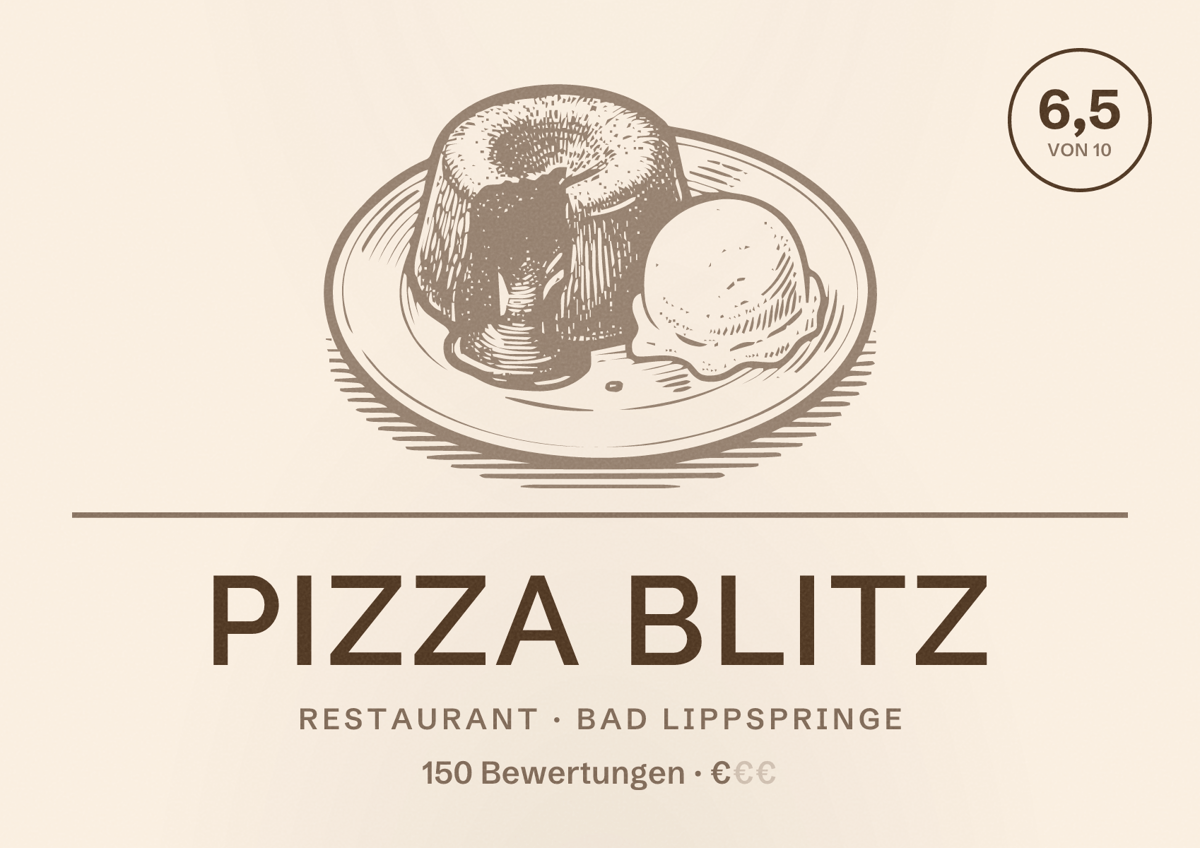 Illustriertes Poster von Pizza Blitz, Restaurant in Bad Lippspringe: Bewertung 6,5 von 10 aus 150 Bewertungen, Preisniveau €
