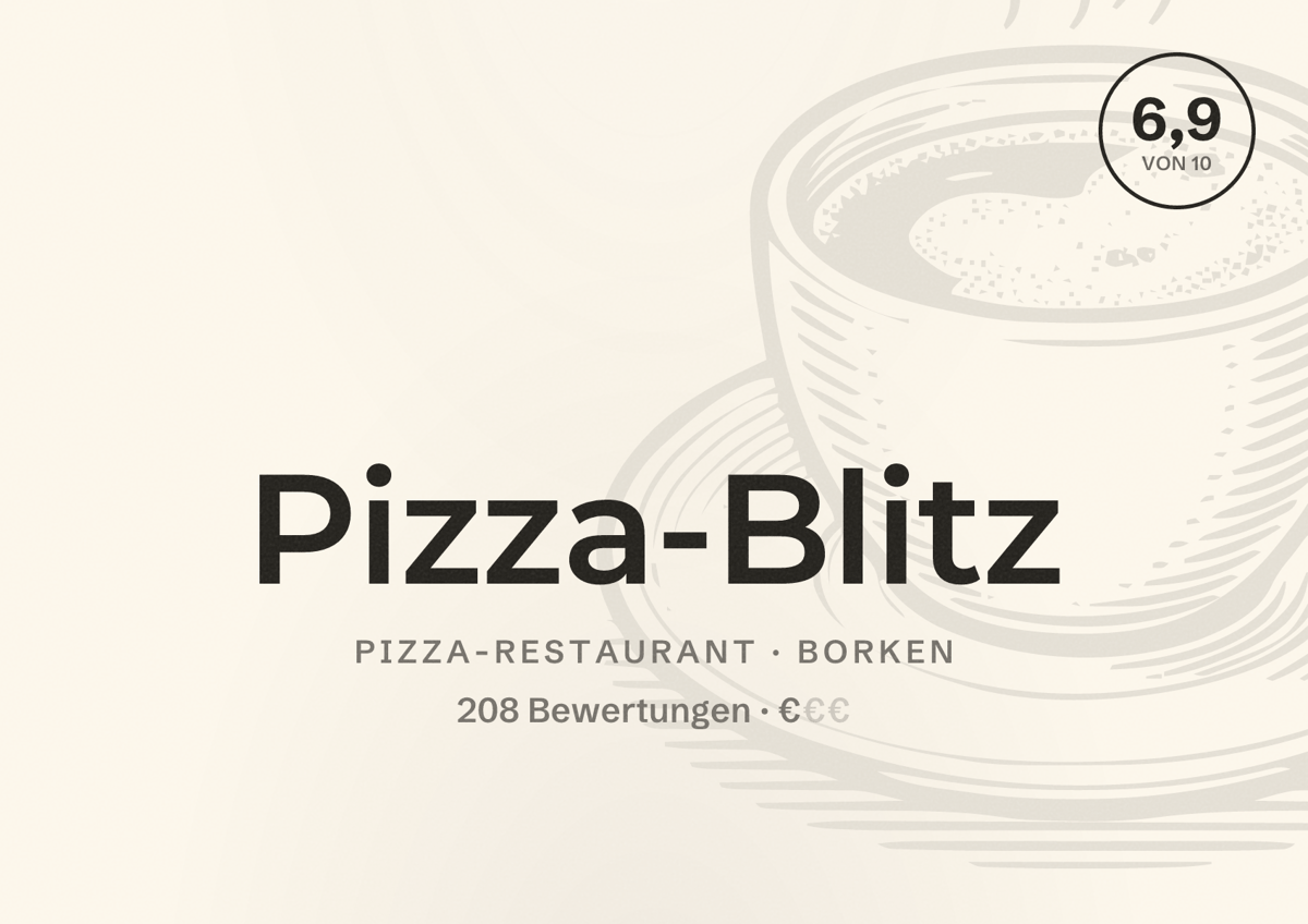 Illustriertes Poster von Pizza-Blitz, Pizza-Restaurant in Borken: Bewertung 6,9 von 10 aus 208 Bewertungen, Preisniveau €