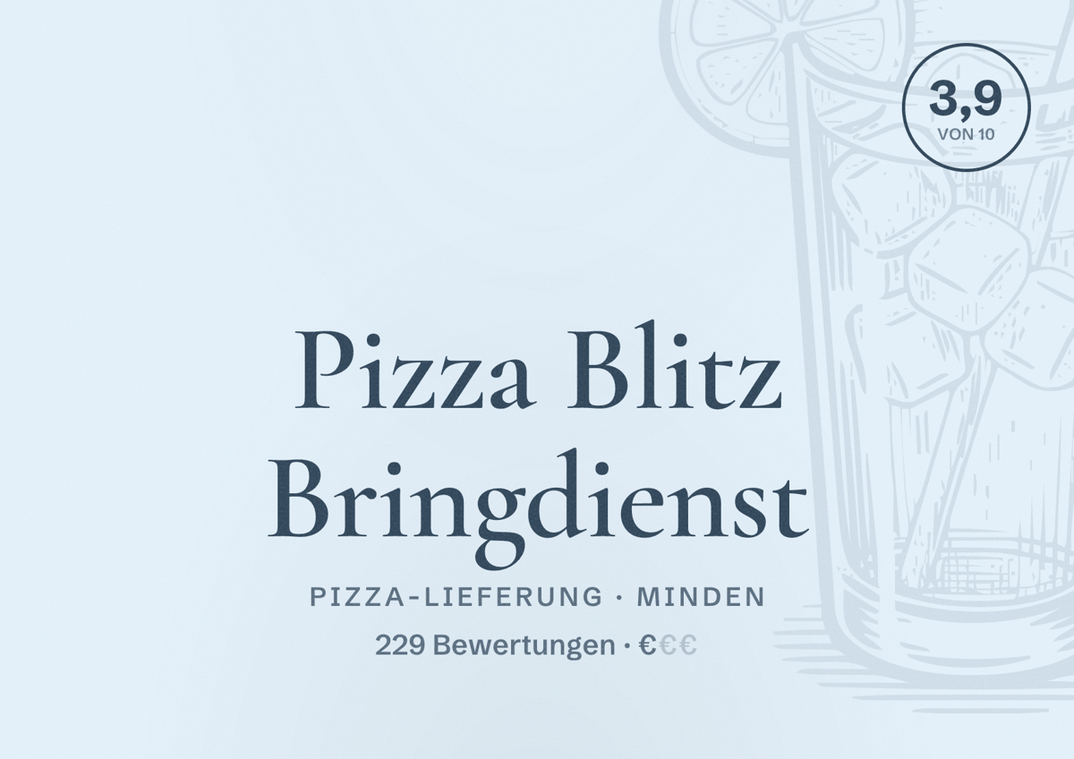 Illustriertes Poster von Pizza Blitz Bringdienst, Pizza-Lieferung in Minden: Bewertung 3,9 von 10 aus 229 Bewertungen, Preisniveau €