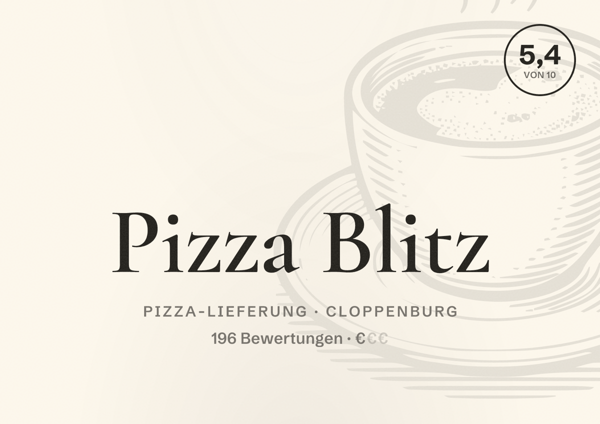 Illustriertes Poster von Pizza Blitz, Pizza-Lieferung in Cloppenburg: Bewertung 5,4 von 10 aus 196 Bewertungen, Preisniveau €