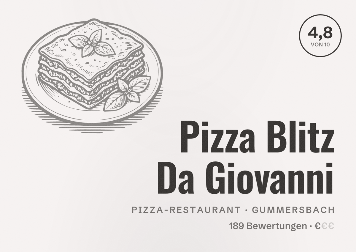 Illustriertes Poster von Pizza Blitz Da Giovanni, Pizza-Restaurant in Gummersbach: Bewertung 4,8 von 10 aus 189 Bewertungen, Preisniveau €