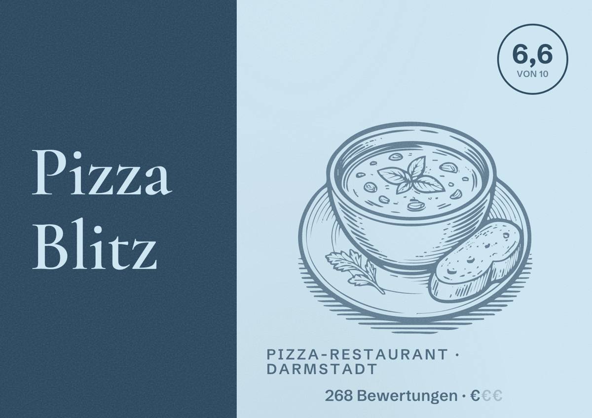 Illustriertes Poster von Pizza Blitz, Pizza-Restaurant in Darmstadt: Bewertung 6,6 von 10 aus 268 Bewertungen, Preisniveau €