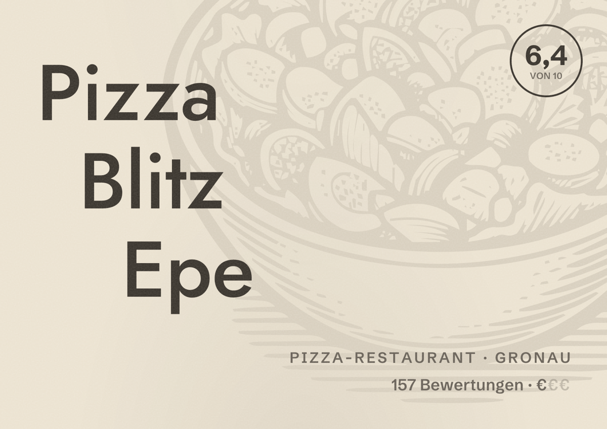 Illustriertes Poster von Pizza Blitz Epe, Pizza-Restaurant in Gronau: Bewertung 6,4 von 10 aus 157 Bewertungen, Preisniveau €