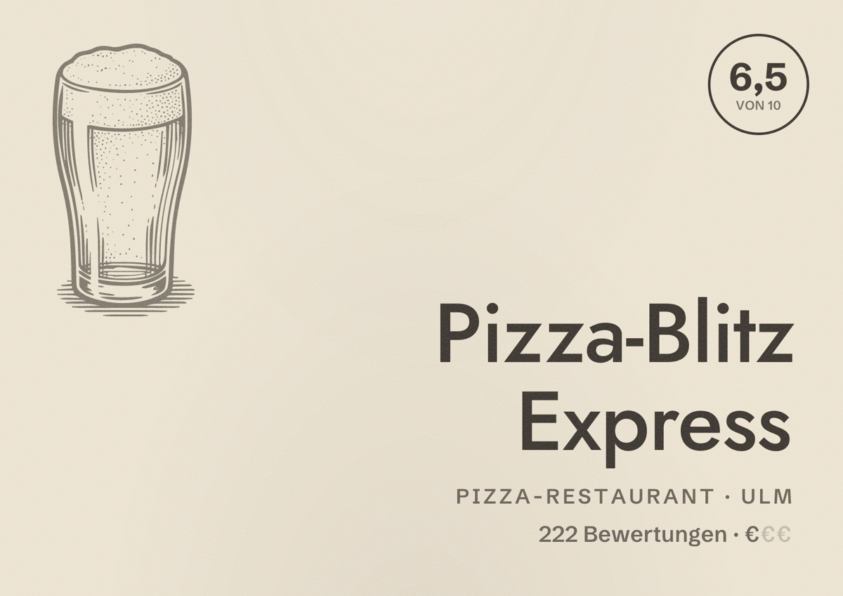 Illustriertes Poster von Pizza-Blitz Express, Pizza-Restaurant in Ulm: Bewertung 6,5 von 10 aus 222 Bewertungen, Preisniveau €