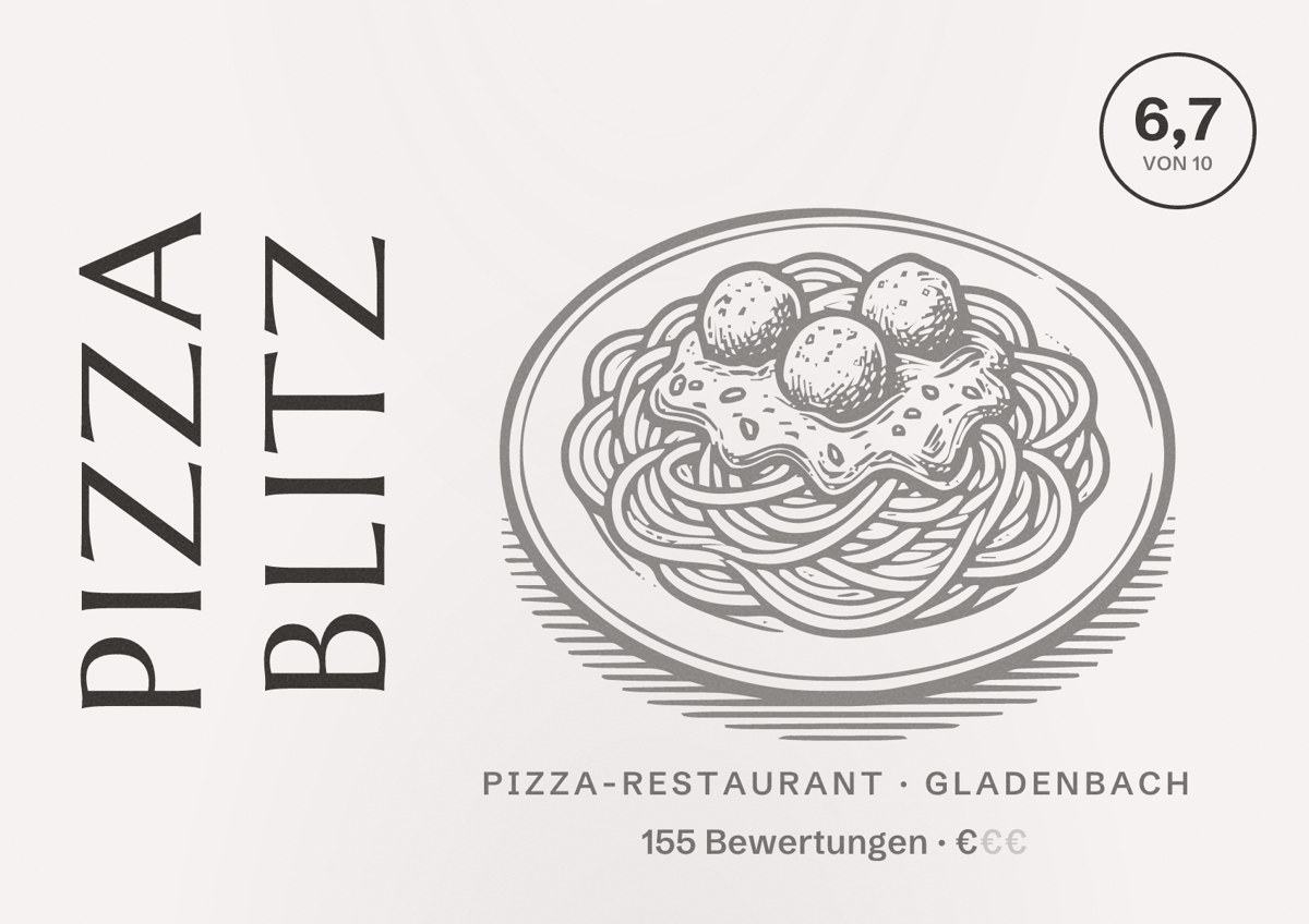 Illustriertes Poster von Pizza Blitz, Pizza-Restaurant in Gladenbach: Bewertung 6,7 von 10 aus 155 Bewertungen, Preisniveau €