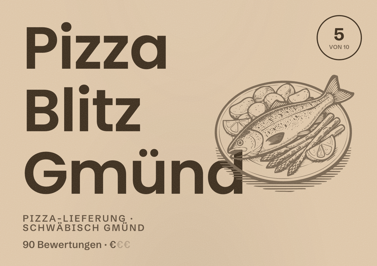 Illustriertes Poster von Pizza Blitz Gmünd, Pizza-Lieferung in Schwäbisch Gmünd: Bewertung 5 von 10 aus 90 Bewertungen, Preisniveau €