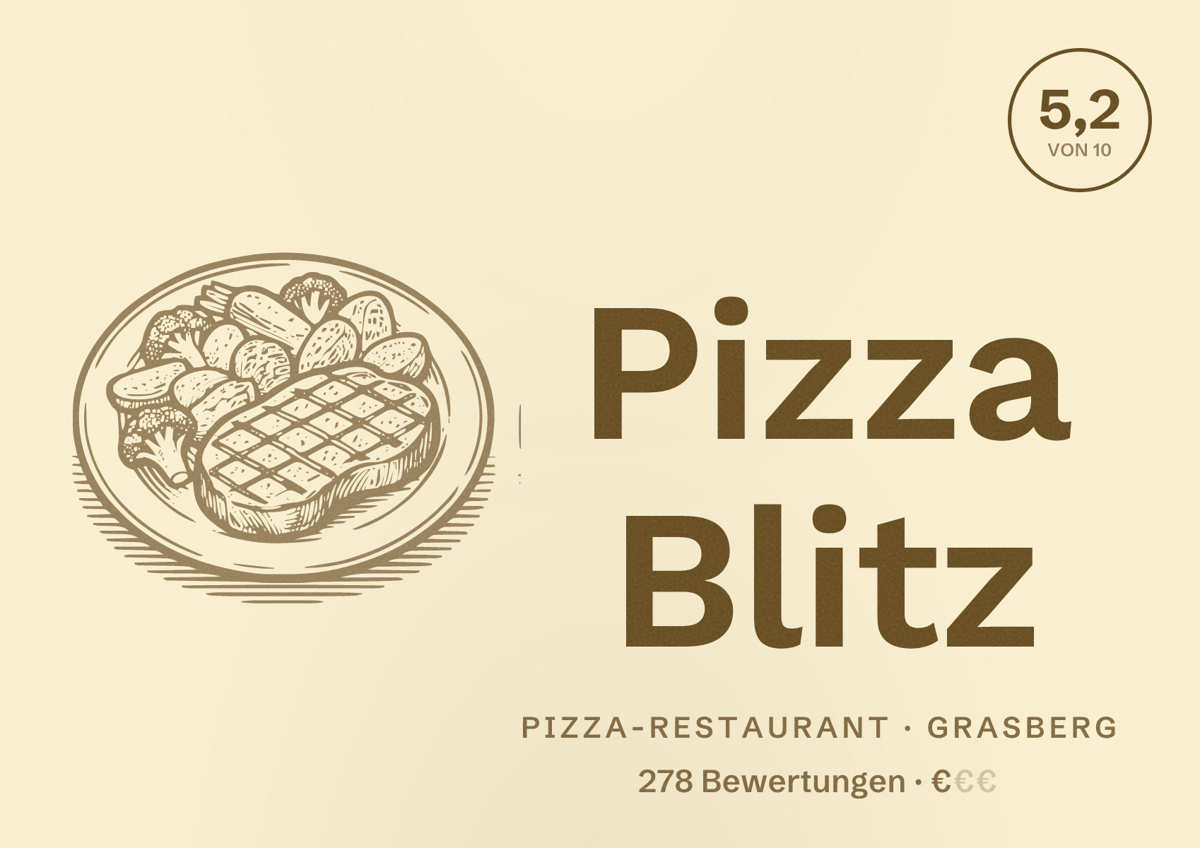 Illustriertes Poster von Pizza Blitz, Pizza-Restaurant in Grasberg: Bewertung 5,2 von 10 aus 278 Bewertungen, Preisniveau €