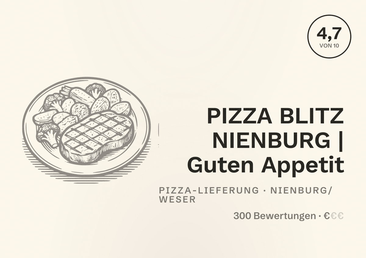 Illustriertes Poster von PIZZA BLITZ NIENBURG | Guten Appetit, Pizza-Lieferung in Nienburg/Weser: Bewertung 4,7 von 10 aus 300 Bewertungen, Preisniveau €