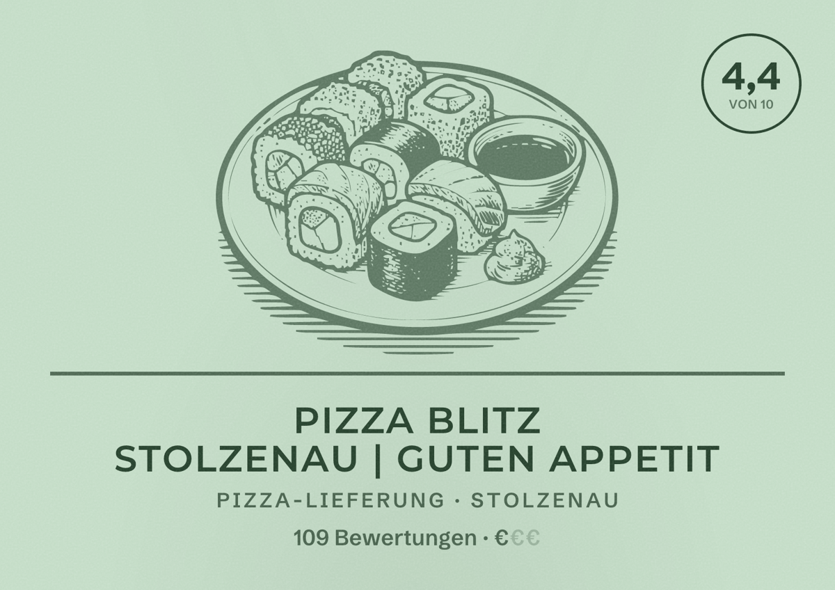 Illustriertes Poster von PIZZA BLITZ STOLZENAU | Guten Appetit, Pizza-Lieferung in Stolzenau: Bewertung 4,4 von 10 aus 109 Bewertungen, Preisniveau €