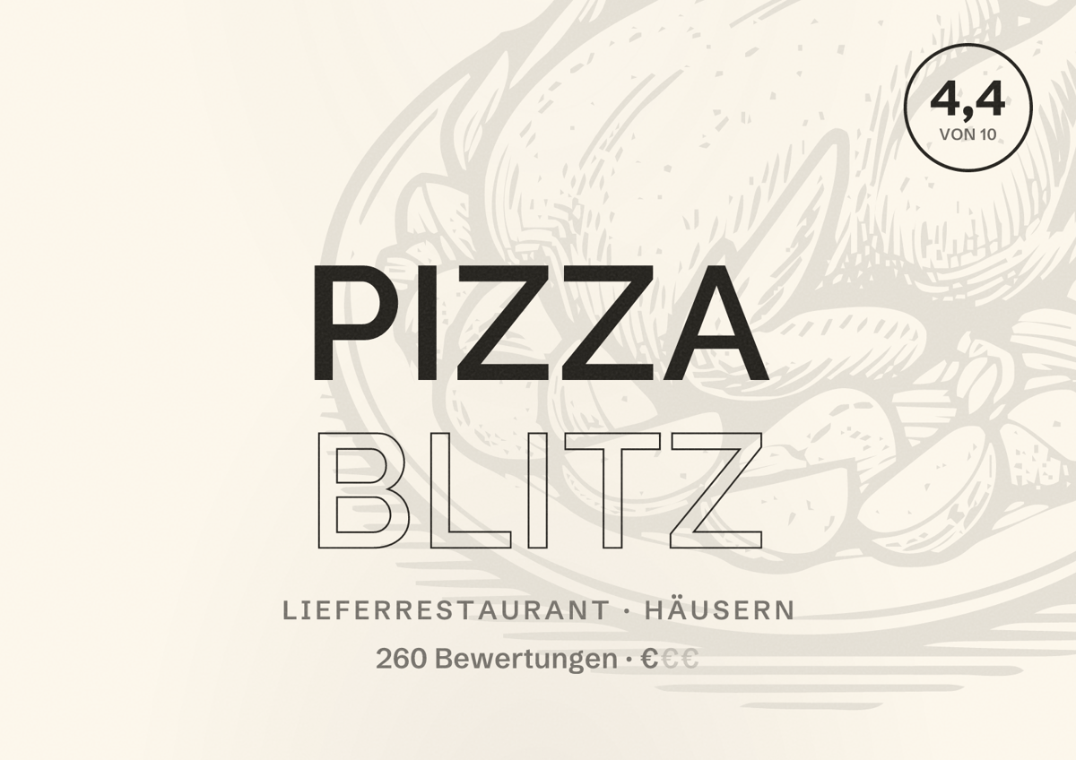 Illustriertes Poster von Pizza Blitz, Lieferrestaurant in Häusern: Bewertung 4,4 von 10 aus 260 Bewertungen, Preisniveau €