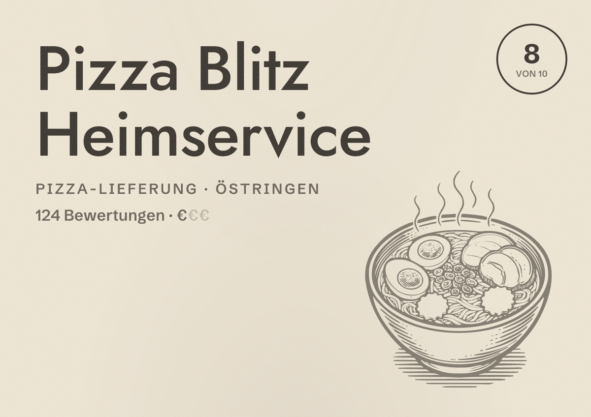 Illustriertes Poster von Pizza Blitz Heimservice, Pizza-Lieferung in Östringen: Bewertung 8 von 10 aus 124 Bewertungen, Preisniveau €