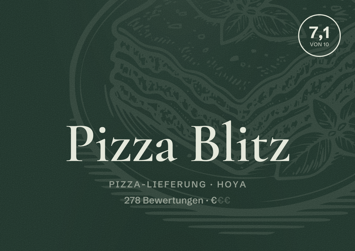 Illustriertes Poster von Pizza Blitz, Pizza-Lieferung in Hoya: Bewertung 7,1 von 10 aus 278 Bewertungen, Preisniveau €