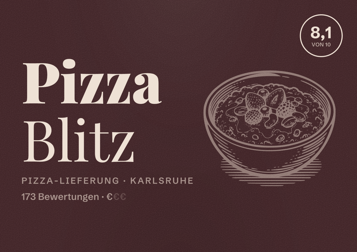 Illustriertes Poster von Pizza Blitz, Pizza-Lieferung in Karlsruhe: Bewertung 8,1 von 10 aus 173 Bewertungen, Preisniveau €