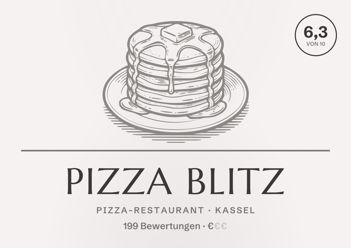 Illustriertes Poster von Pizza Blitz, Pizza-Restaurant in Kassel: Bewertung 6,3 von 10 aus 199 Bewertungen, Preisniveau €