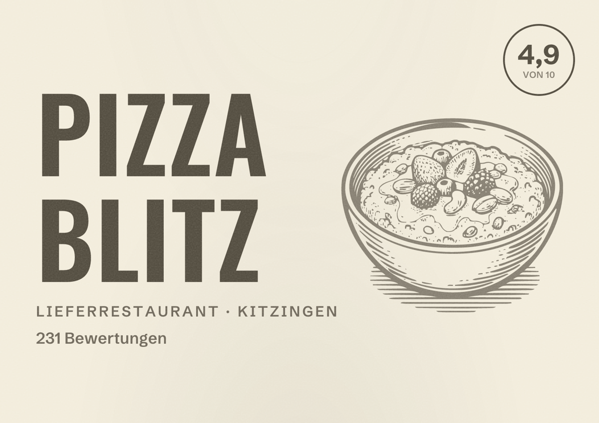 Illustriertes Poster von Pizza Blitz, Lieferrestaurant in Kitzingen: Bewertung 4,9 von 10 aus 231 Bewertungen