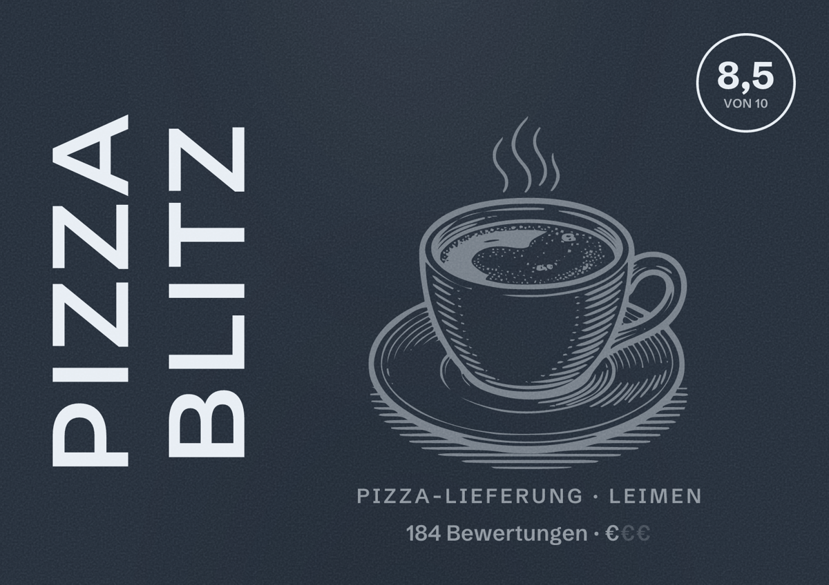 Illustriertes Poster von Pizza Blitz, Pizza-Lieferung in Leimen: Bewertung 8,5 von 10 aus 184 Bewertungen, Preisniveau €