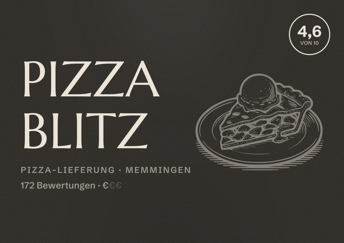 Illustriertes Poster von Pizza Blitz, Pizza-Lieferung in Memmingen: Bewertung 4,6 von 10 aus 172 Bewertungen, Preisniveau €