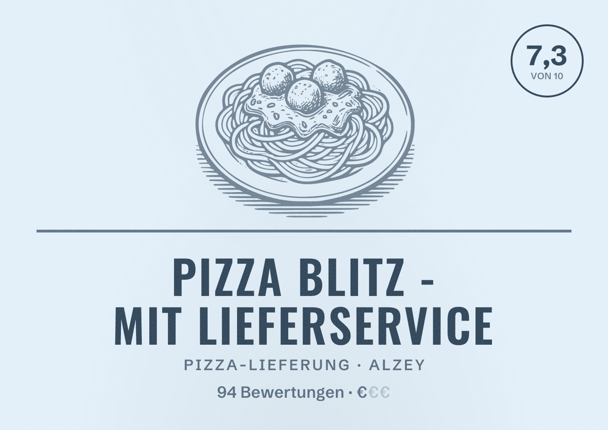 Illustriertes Poster von Pizza Blitz - mit Lieferservice, Pizza-Lieferung in Alzey: Bewertung 7,3 von 10 aus 94 Bewertungen, Preisniveau €