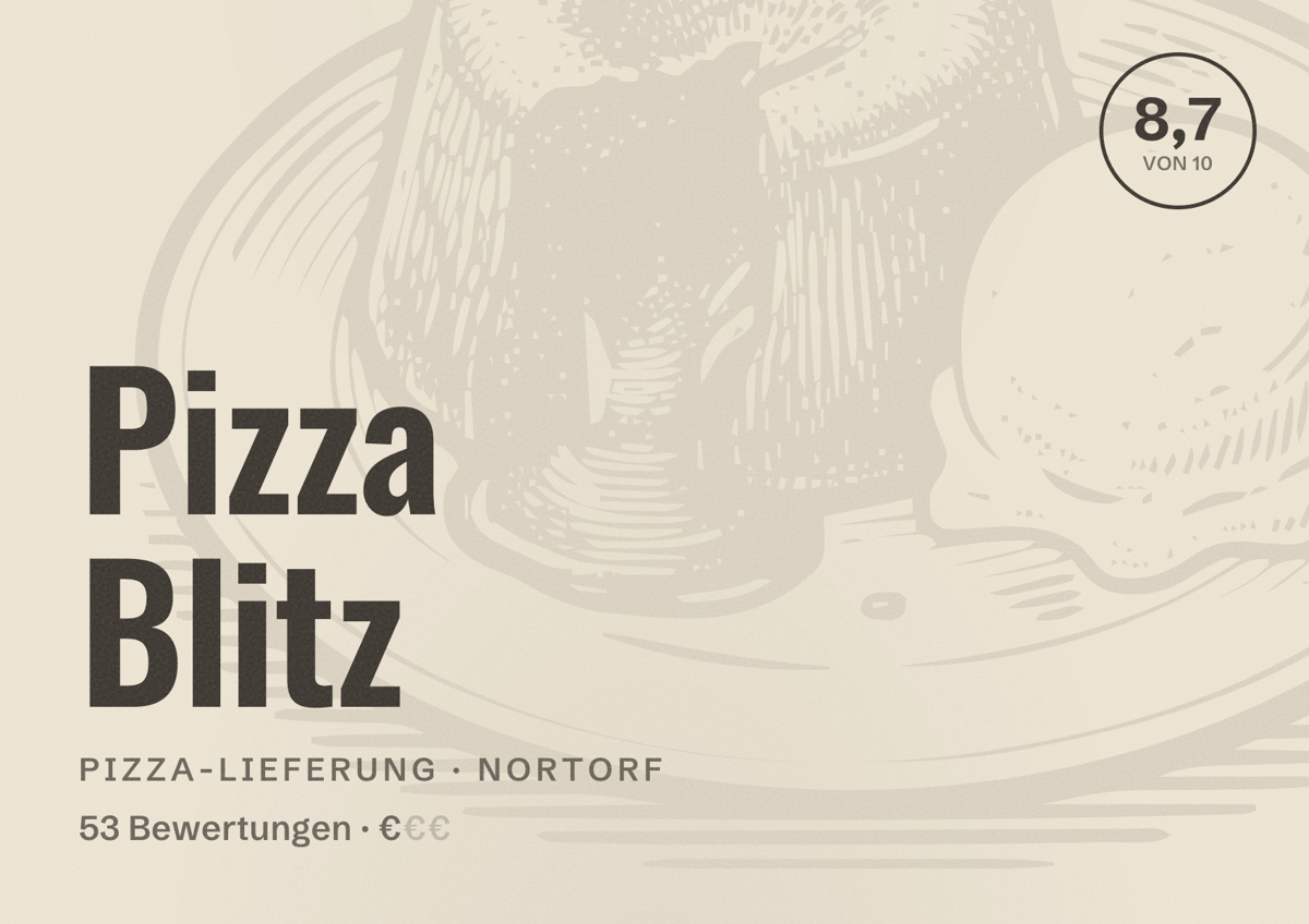 Illustriertes Poster von Pizza Blitz, Pizza-Lieferung in Nortorf: Bewertung 8,7 von 10 aus 53 Bewertungen, Preisniveau €