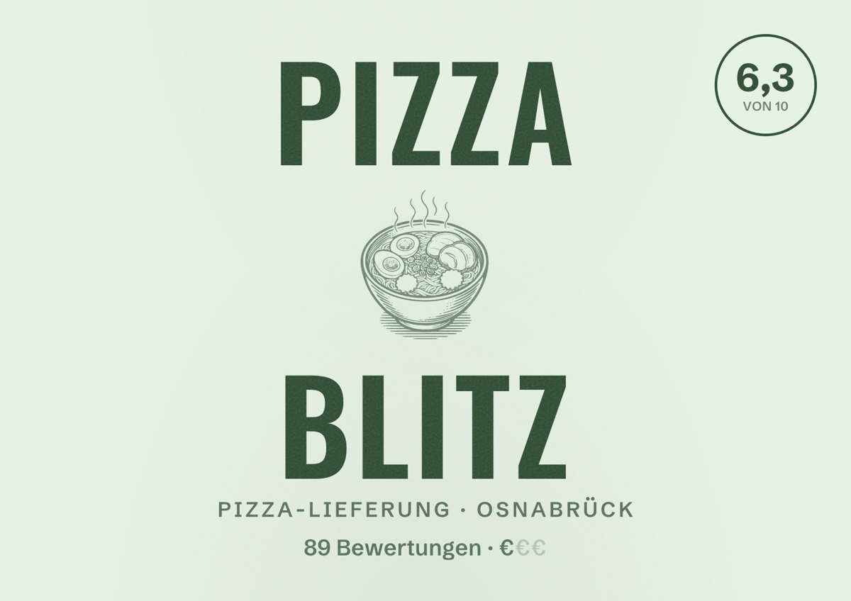 Illustriertes Poster von Pizza Blitz, Pizza-Lieferung in Osnabrück: Bewertung 6,3 von 10 aus 89 Bewertungen, Preisniveau €