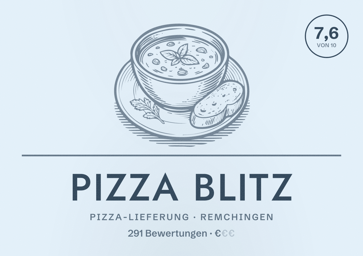 Illustriertes Poster von Pizza Blitz, Pizza-Lieferung in Remchingen: Bewertung 7,6 von 10 aus 291 Bewertungen, Preisniveau €