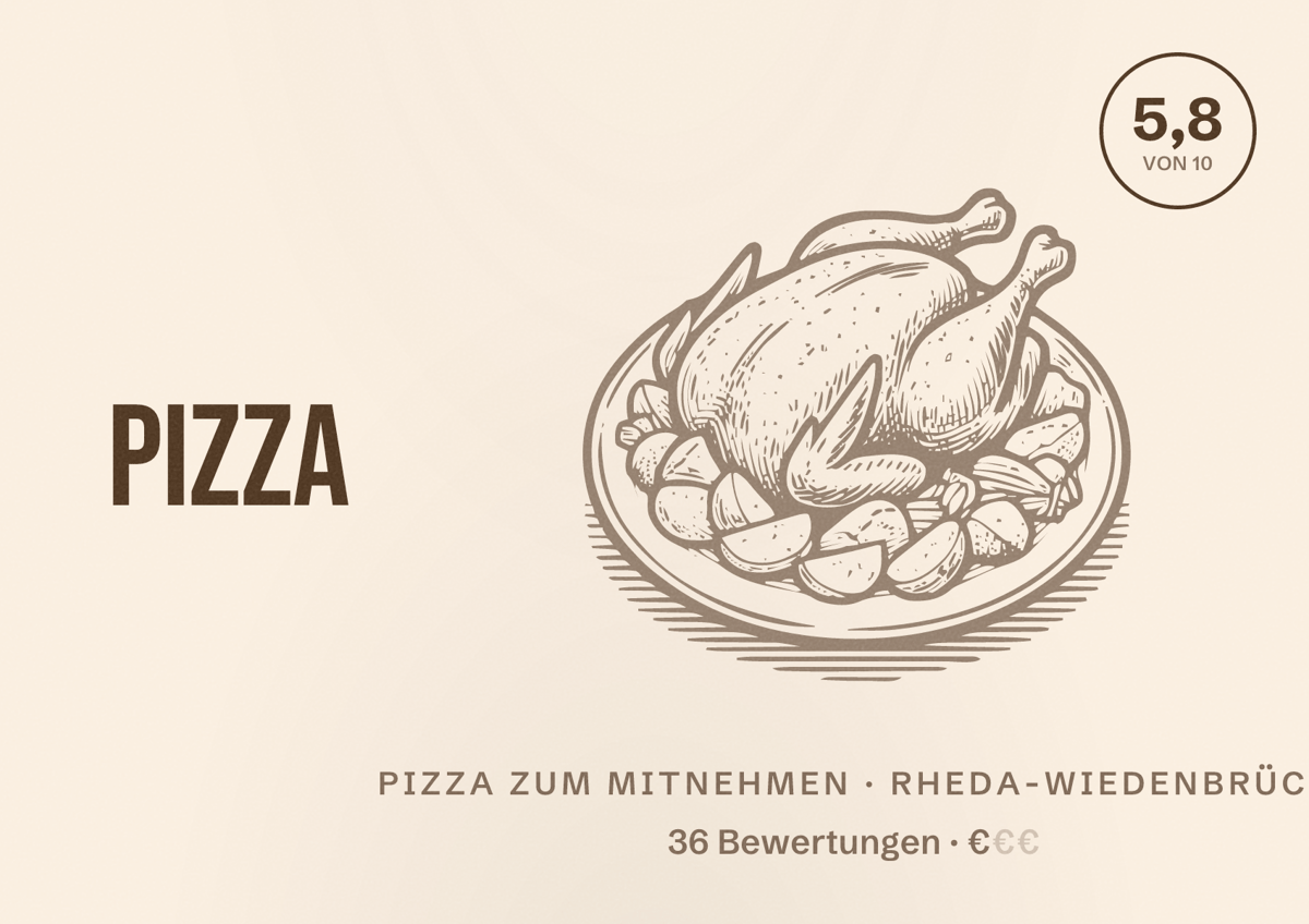 Illustriertes Poster von Pizza Blitz, Pizza zum Mitnehmen in Rheda-Wiedenbrück: Bewertung 5,8 von 10 aus 36 Bewertungen, Preisniveau €