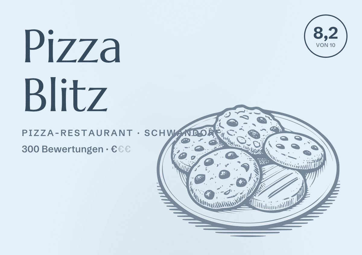 Illustriertes Poster von Pizza Blitz, Pizza-Restaurant in Schwandorf: Bewertung 8,2 von 10 aus 300 Bewertungen, Preisniveau €