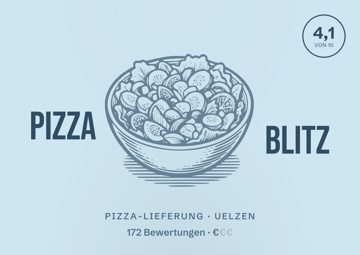 Illustriertes Poster von Pizza Blitz, Pizza-Lieferung in Uelzen: Bewertung 4,1 von 10 aus 172 Bewertungen, Preisniveau €