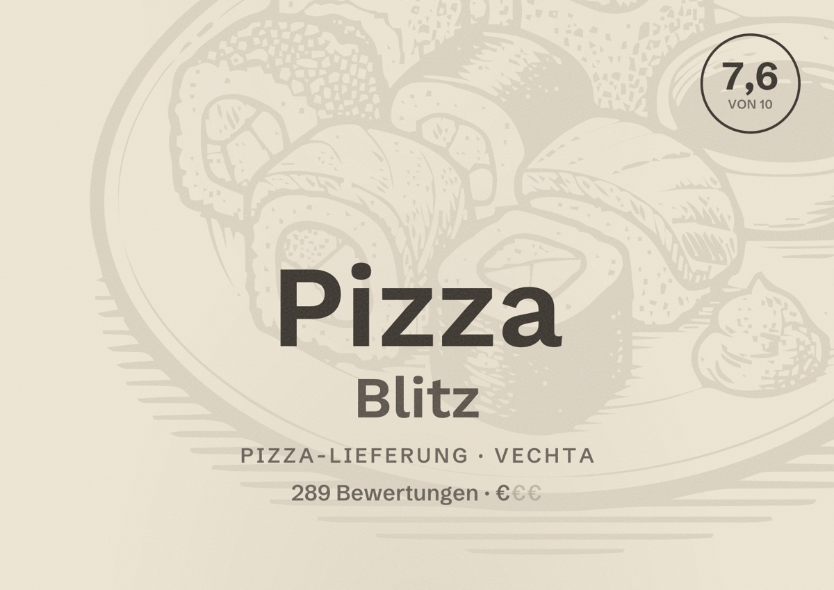 Illustriertes Poster von Pizza Blitz, Pizza-Lieferung in Vechta: Bewertung 7,6 von 10 aus 289 Bewertungen, Preisniveau €