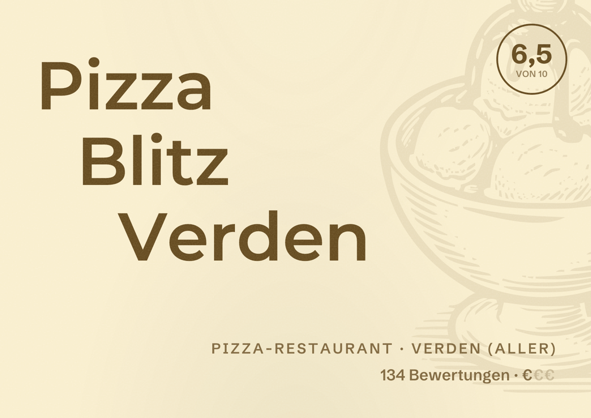 Illustriertes Poster von Pizza Blitz Verden, Pizza-Restaurant in Verden (Aller): Bewertung 6,5 von 10 aus 134 Bewertungen, Preisniveau €