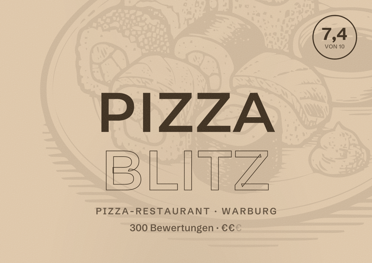 Illustriertes Poster von Pizza Blitz, Pizza-Restaurant in Warburg: Bewertung 7,4 von 10 aus 300 Bewertungen, Preisniveau €€