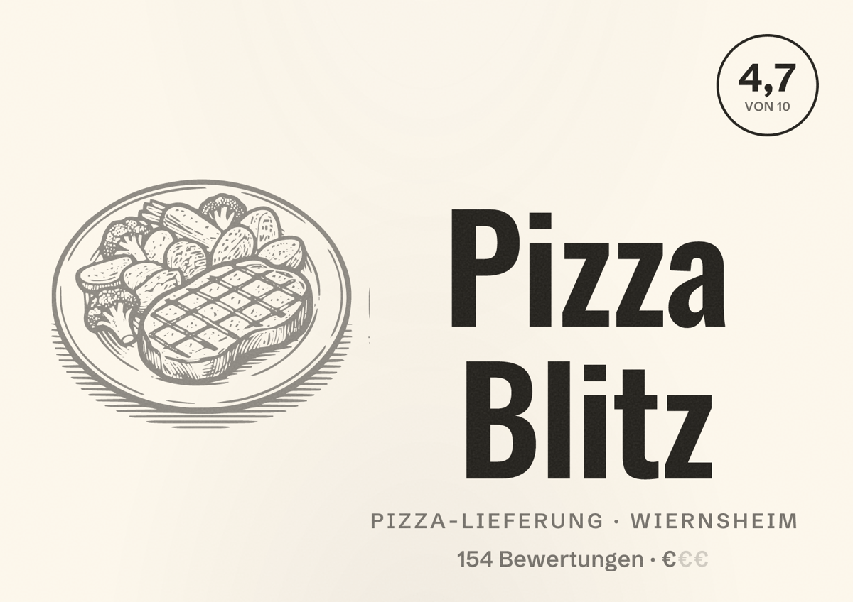 Illustriertes Poster von Pizza Blitz, Pizza-Lieferung in Wiernsheim: Bewertung 4,7 von 10 aus 154 Bewertungen, Preisniveau €