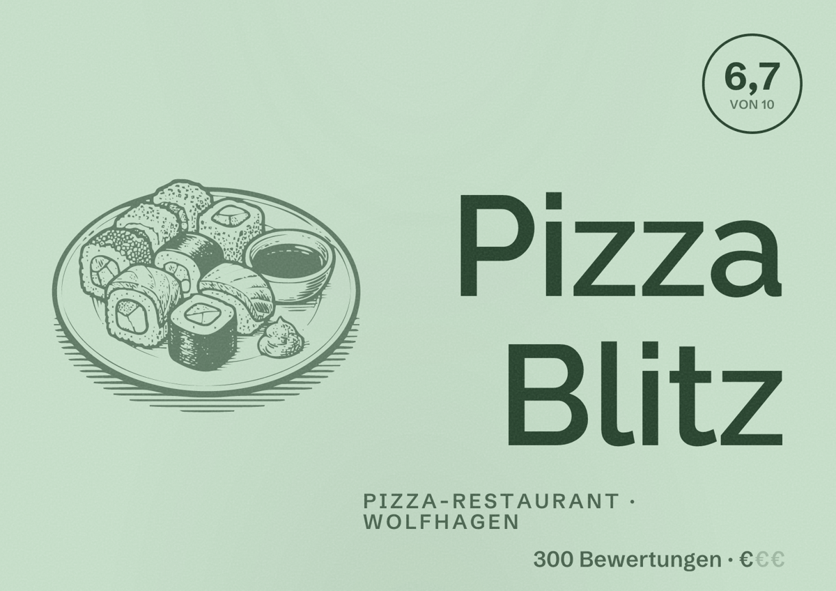 Illustriertes Poster von Pizza Blitz, Pizza-Restaurant in Wolfhagen: Bewertung 6,7 von 10 aus 300 Bewertungen, Preisniveau €