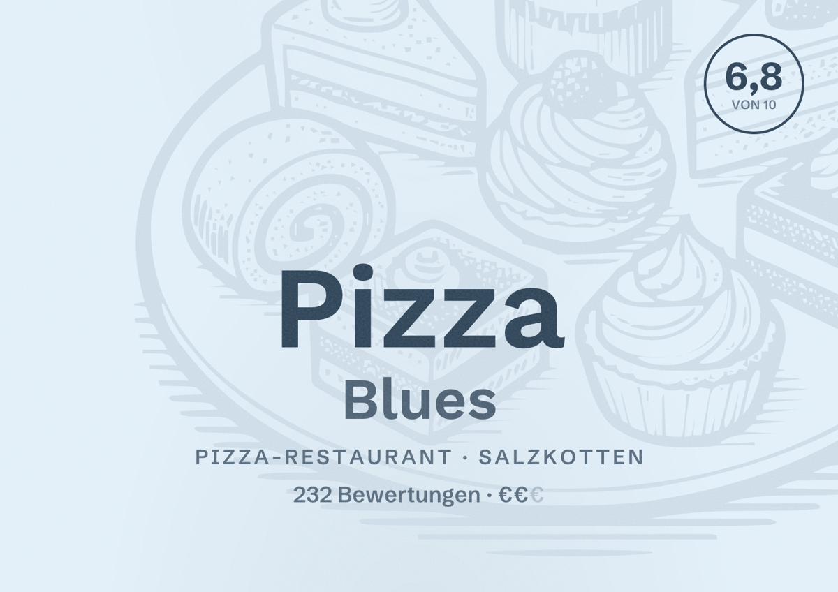 Illustriertes Poster von Pizza Blues, Pizza-Restaurant in Salzkotten: Bewertung 6,8 von 10 aus 232 Bewertungen, Preisniveau €€