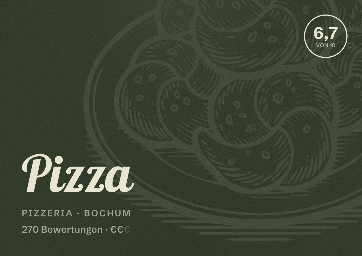 Illustriertes Poster von Pizza, Pizzeria in Bochum: Bewertung 6,7 von 10 aus 270 Bewertungen, Preisniveau €€