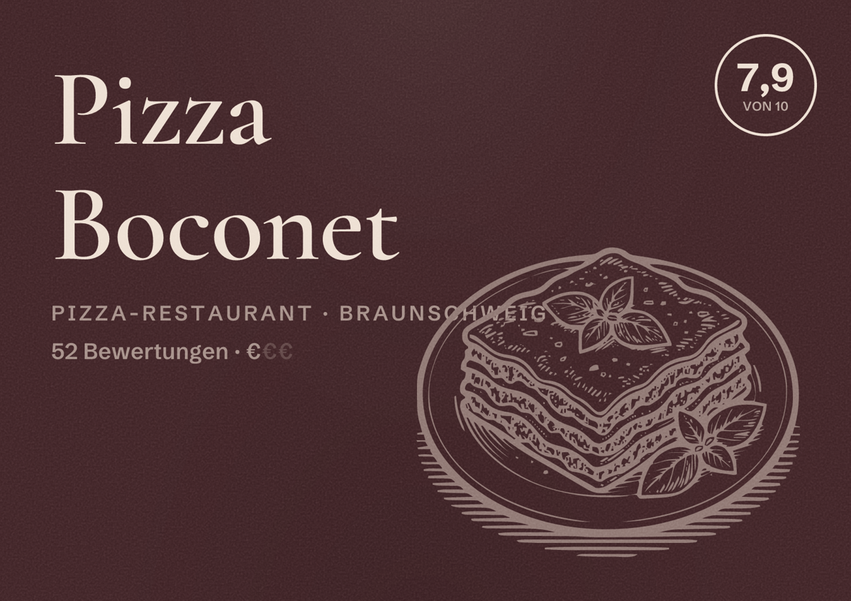 Illustriertes Poster von Pizza Boconet, Pizza-Restaurant in Braunschweig: Bewertung 7,9 von 10 aus 52 Bewertungen, Preisniveau €